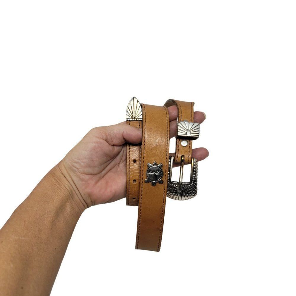 Vintage Southwestern Leather Belt Tan Silver‎ Animal Concho M 34" Unisex USA